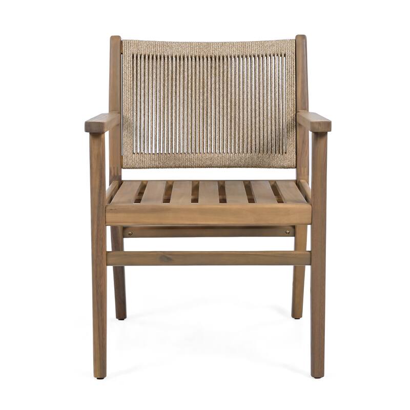 Roomfitters Outdoor Dining Chairs Set of 2, Acacia Wood Armchairs with Rope Back and Cushions, Patio Seating