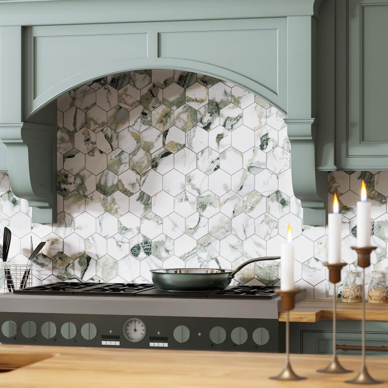 Merola Tile Touche 4" Hex Jade 11-3/4" x 13-5/8" Porcelain Mosaic Floor and Wall Tile - (1 Tile)