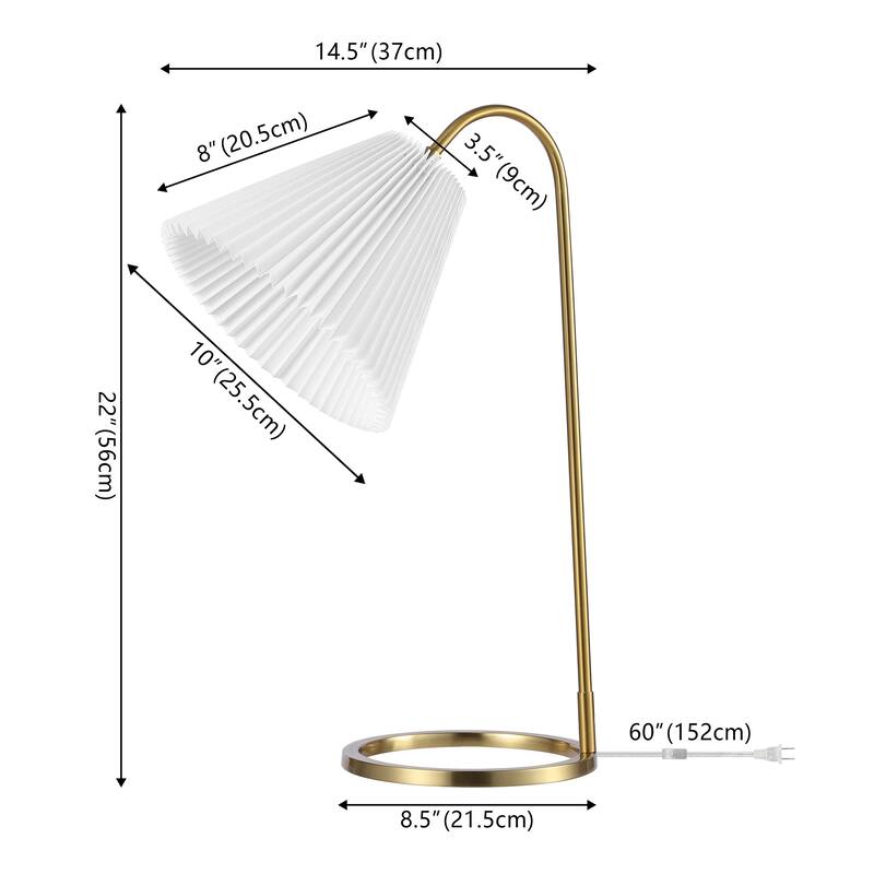 Devon 22" Modern Glam Metal Arc Adjustable Head LED Table Lamp with Pleated Shade, Brass Gold/White, by JONATHAN Y