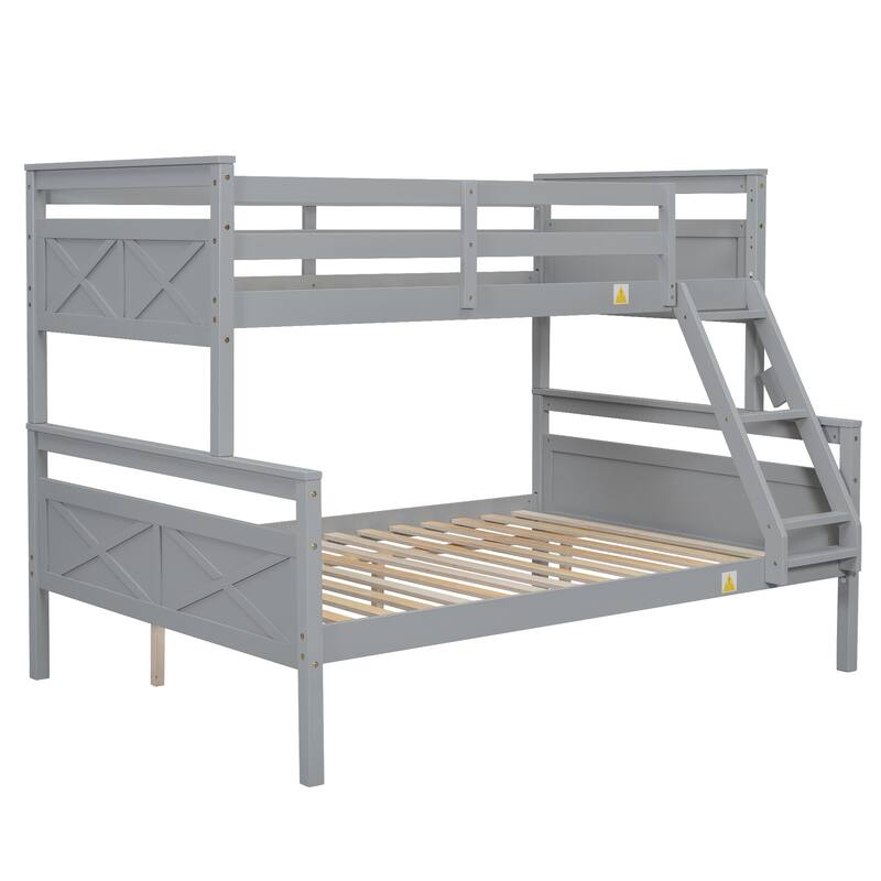 Space-Saving Twin Over Full Bunk Bed with Ladder and Safety Guardrail, Gray