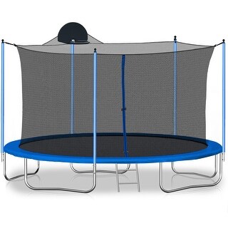 12FT Trampoline with Ladder, Basketball Hoop, and Safety Enclosure Net for Adults and Kids - Blue