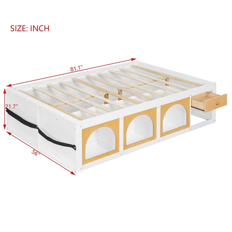 Wooden Platform Bed with Footboard Bookshelf, LED Display Cabinet and Drawer Storage by Harper&Bright Designs