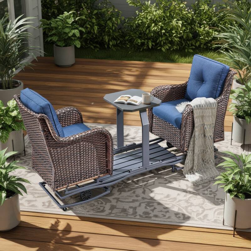 Pocassy Outdoor Patio Swing Chair Glider Swing Bench - Brown Wicker Blue Cushion - 2-Person Glider Loveseats with Cushion
