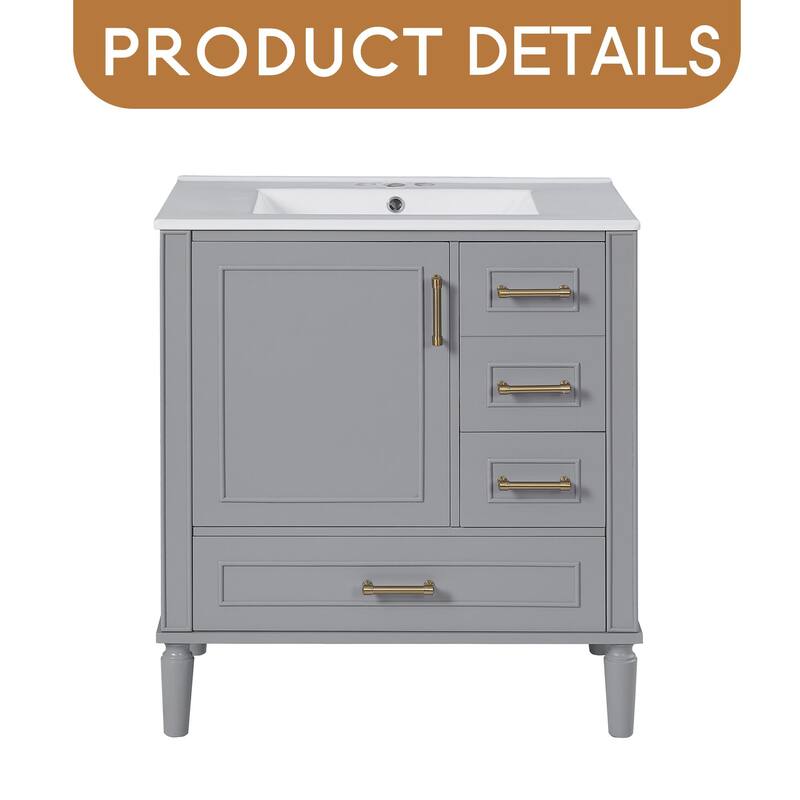 Bathroom Vanity with Ceramic Sink, Soft-Close Door with Built-in Shelf, Deep Drawer, Standard Drawer, Long Divider Drawer