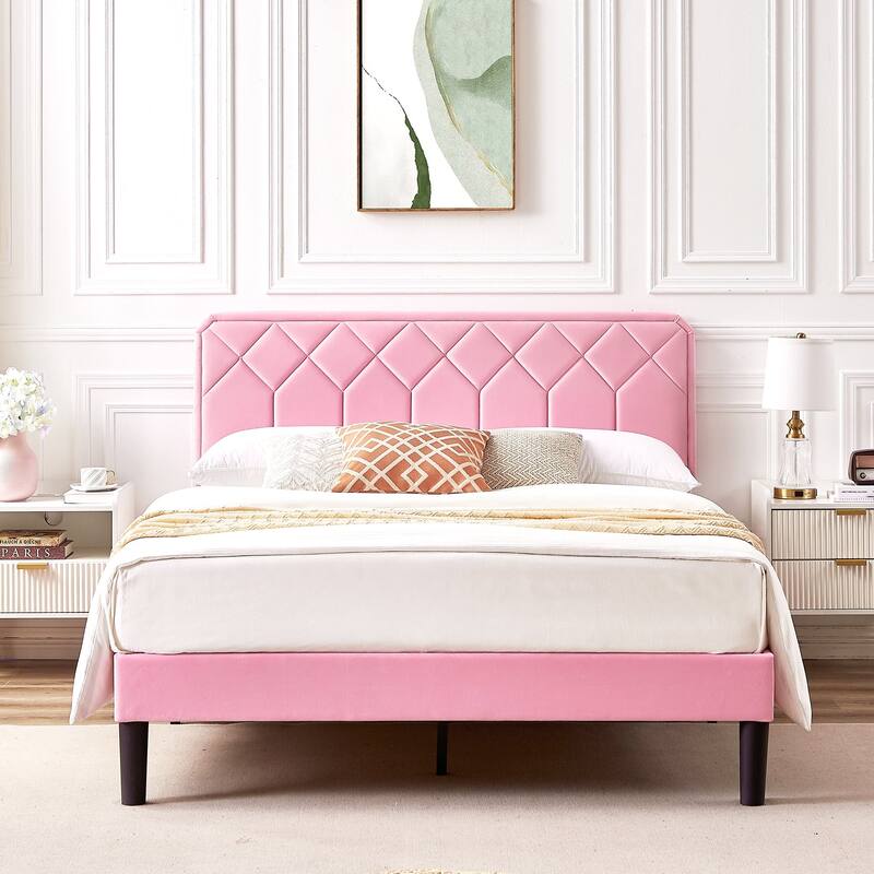 VECELO Pink Velvet Upholstered Bed Frame with Adjustable Headboard No Box Spring Needed Under Bed Storage Platform Bed - Queen