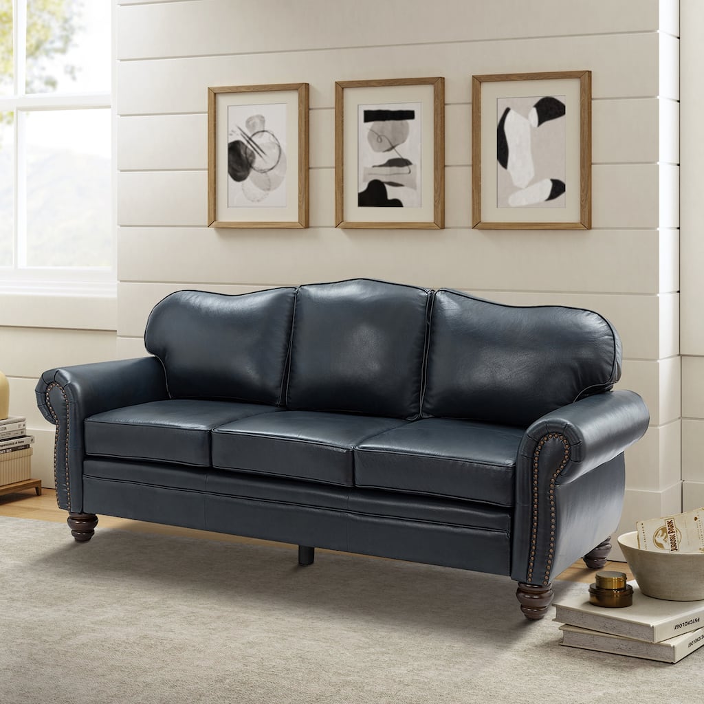 Balvino 81" Wide Transitional Genuine Leather Rolled Arm Nailhead Trim Sofa with Solid Wood Legs and Removable Cushions