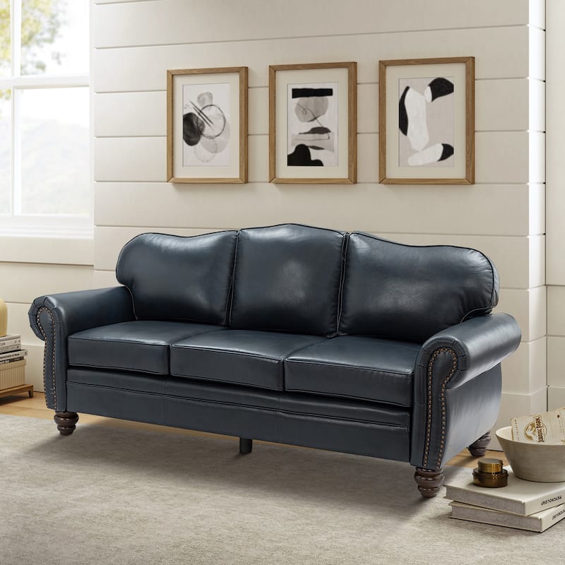 Balvino 81" Wide Transitional Genuine Leather Rolled Arm Nailhead Trim Sofa with Solid Wood Legs