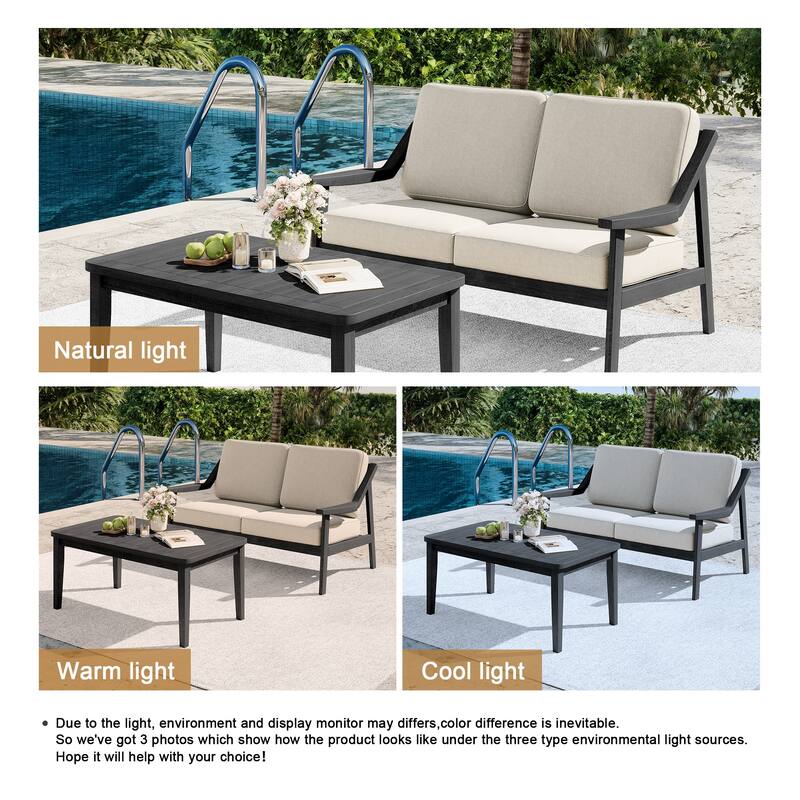 2-piece Brown/ Black Teak Cushioned Patio Loveseat Set with Coffee Table