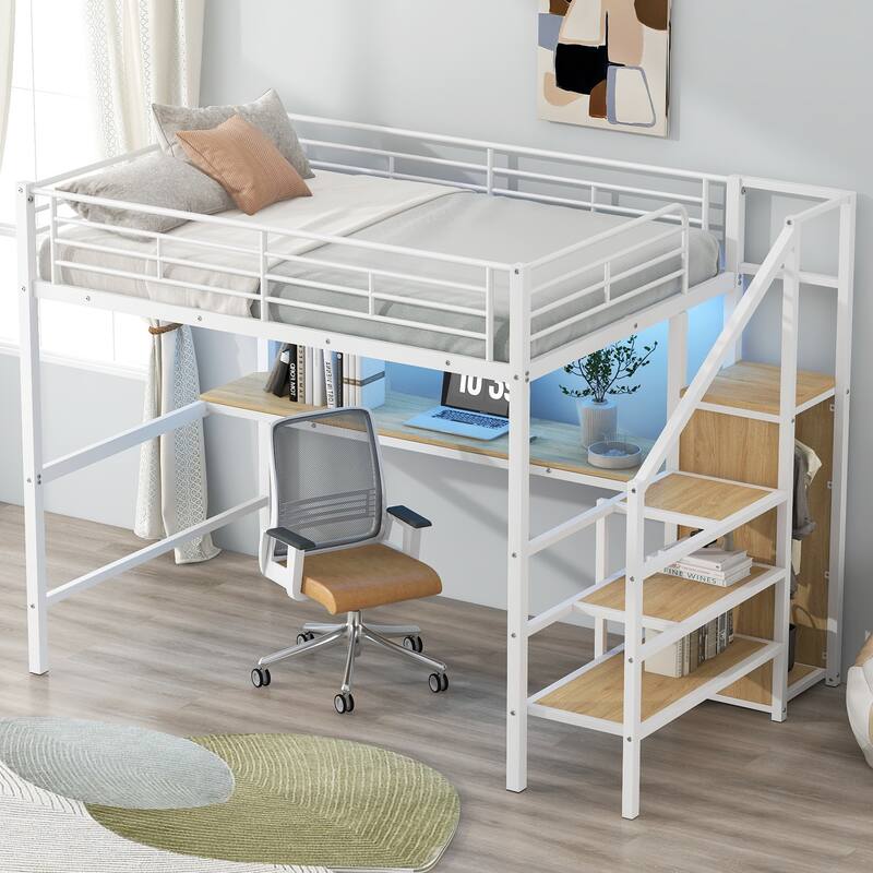 Full Size Metal Loft Bed with Desk, Storage Staircase, Wardrobe, and LED Light, White