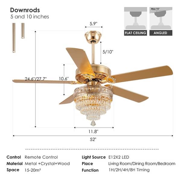 dimension image slide 1 of 2, 52"/62" Modern Crystal Chandelier Ceiling Fan Light,Reversible Airflow,E12 Bulbs,for Bedroom,Kitchen,Patio