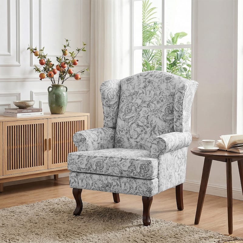Elegant Living Room Wing Back Arm Chair Upholstered Accent Chair - Single Chair - ROCOCO LIGHT GRAY