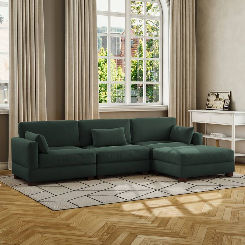 Corduroy Modular Sectional Sofa with Ottoman and Pillows - Hunter Green-4 Piece