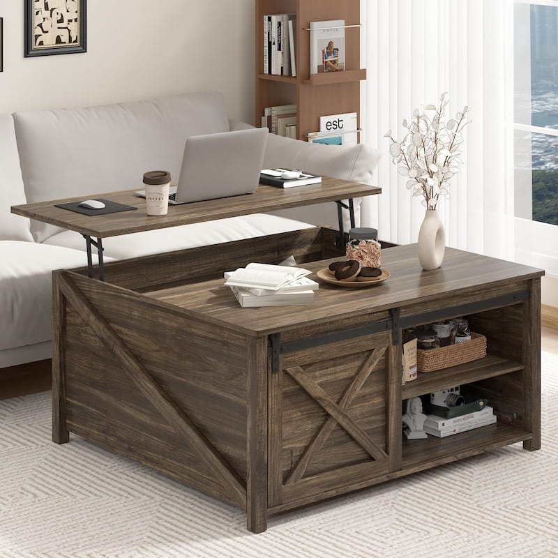 BOSSIN 31.5" Square Farmhouse Lift-Top Coffee Table - Wooden Living Room Center Table with Hidden Storage