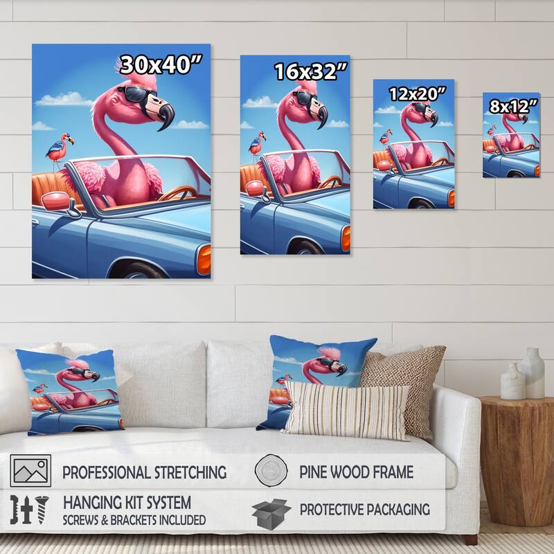 Designart "Pink Flamingo Wearing Sunglasses In Sportscar" Animals Flamingo Framed Canvas Art Print