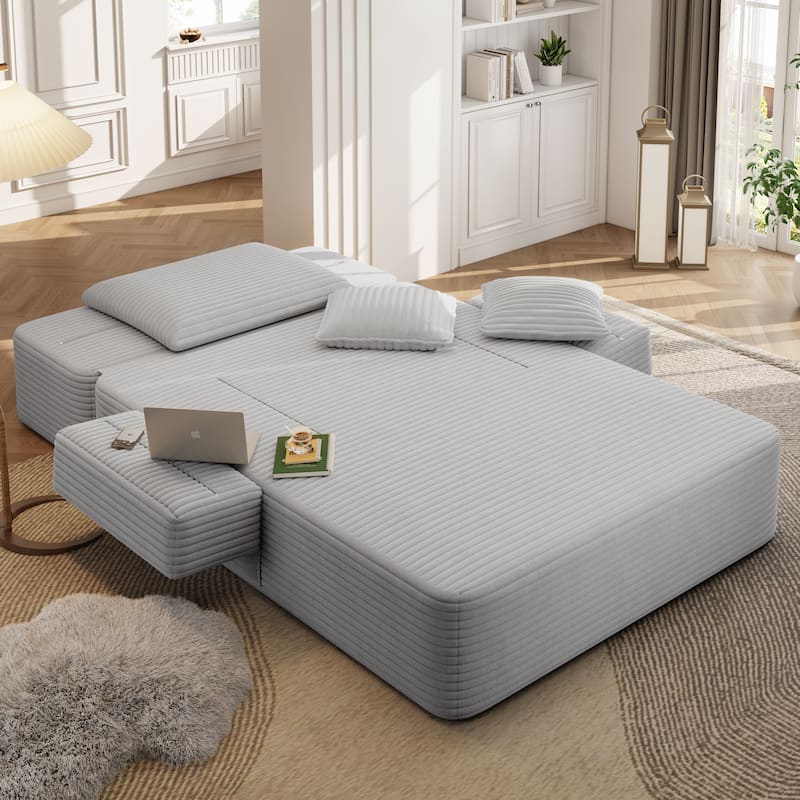 Luxurious Plush Corduroy Chaise Lounge Convertible Sofa Bed with Storage Pocket and Wide Armrests - Light Grey