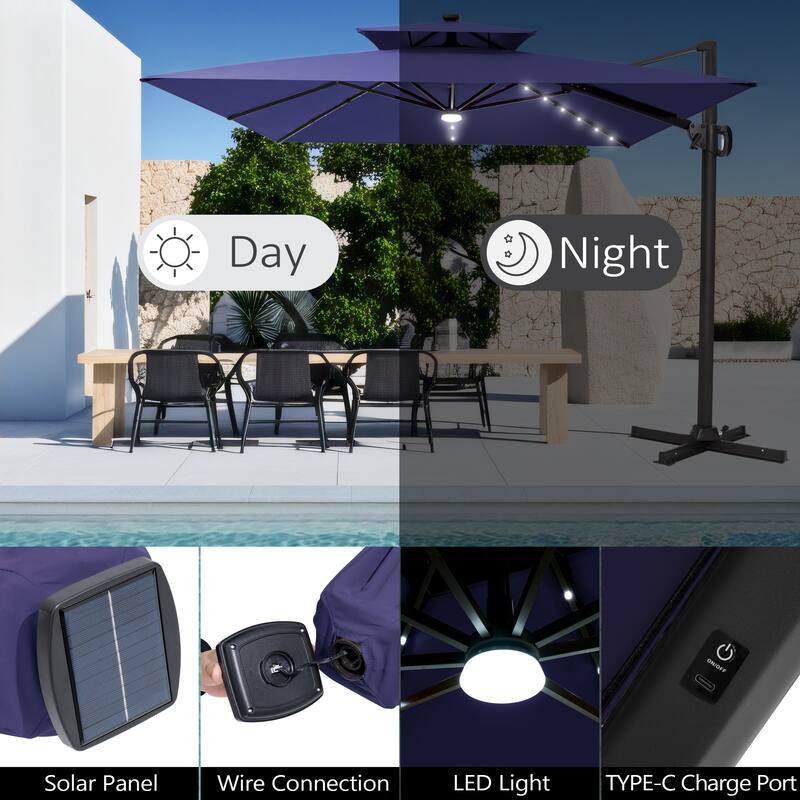 9 X 11 FT Outdoor Patio Cantilever Umbrella with Solar Lights Rod Wheel Base Double Canopy 360 Rotation Tilt