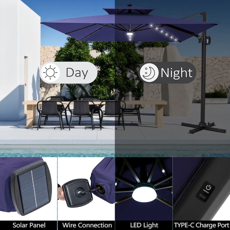 Pellebant 9x11 FT Outdoor Patio Double Top Cantilever Umbrella Solar LED Lighted with Rod Base