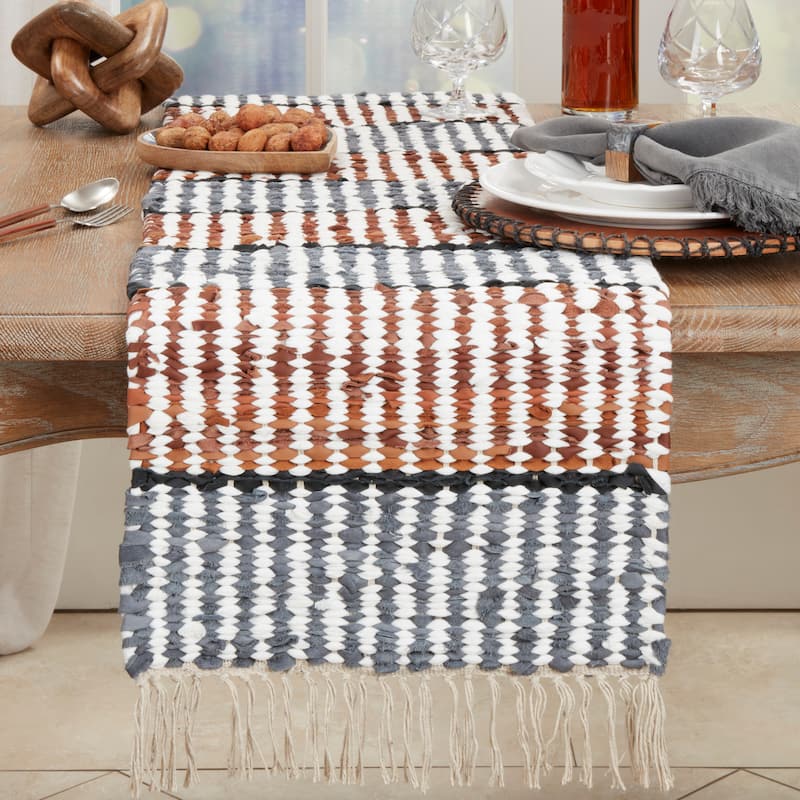 Leather Chindi Stripe Fringed Table Runner - 16"x72"