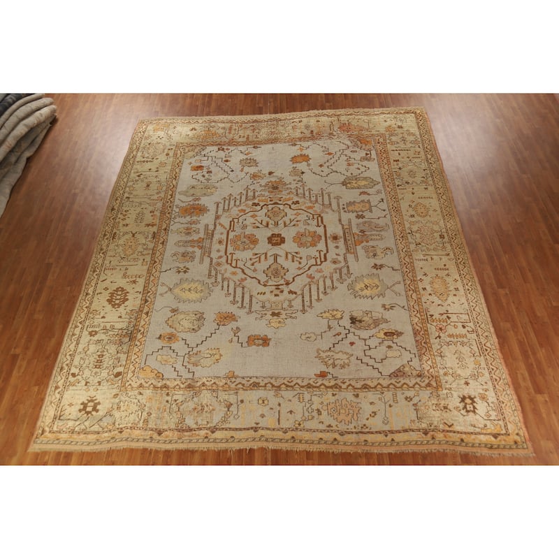 Pre-1900 Antique Vegetable Dye Oushak Turkish Rug Handmade Wool Carpet - 11'10" x 13'6"