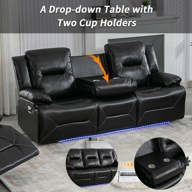 3 Seater Home Theater Recliner Manual Recliner Chair with a LED Light Strip Two Built-in Cup Holders