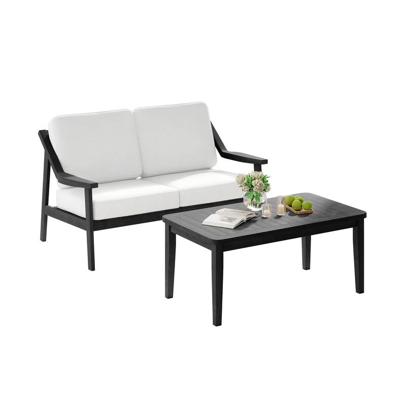 2-piece Brown/ Black Teak Cushioned Patio Loveseat Set with Coffee Table