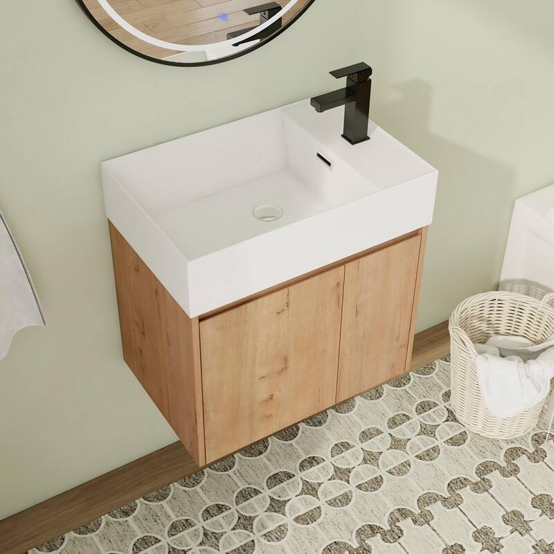 24"/30" Floating Bathroom Vanity with Sink, Mini Wall Mounted Bathroom Vanity with Soft Close Door - 23.6"×15.8"×23.3" - Brown