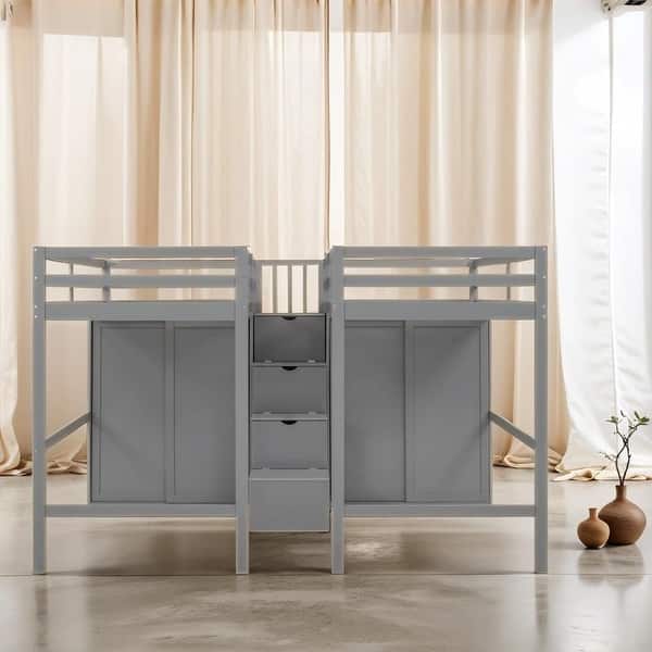 slide 2 of 9, Twin Over Twin Bunk Bed with Roof, Slide and Ladder Grey