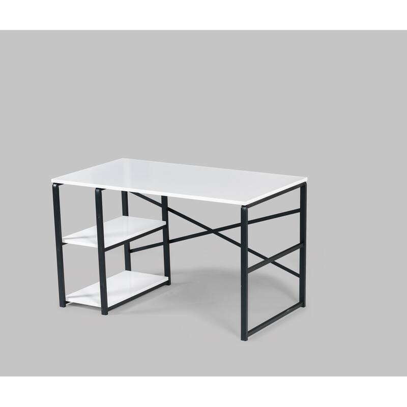 Metal Frame 47" Writing Desk with Solid Wood Top and 2 Shelves for Home Office or Study Workstation