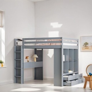 Full Size Loft Bed with Large Storage Shelves, Wooden Bed with Writing Desk and Led Light, Kid's Bed with Drawers, Gray