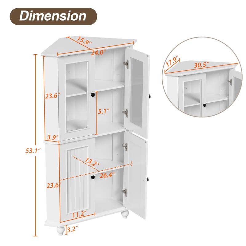 Free-Standing Corner Storage Cabinet with Doors and Shelves