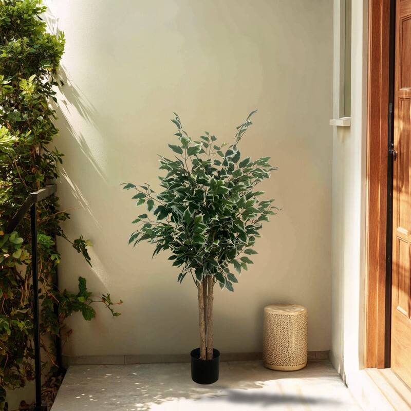 XBrand 47.2 in Two-Tone Variegated Artificial Ficus Tree, Indoor or Outdoor