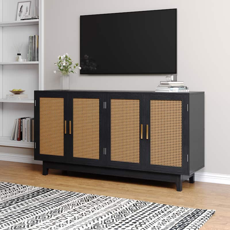 Rattan Accent Cabinet Storage Sideboard Buffet with 4 Doors