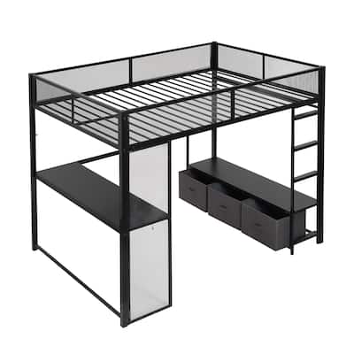Full Size Metal Gaming Loft Bed With Led, Desk, Open Wardrobe And 3 Linen Storage Drawers