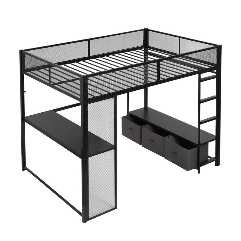Full Size Metal Loft Bed with LED Lights, Desk, Storage Wardrobe, and 3 Linen Drawers, Black