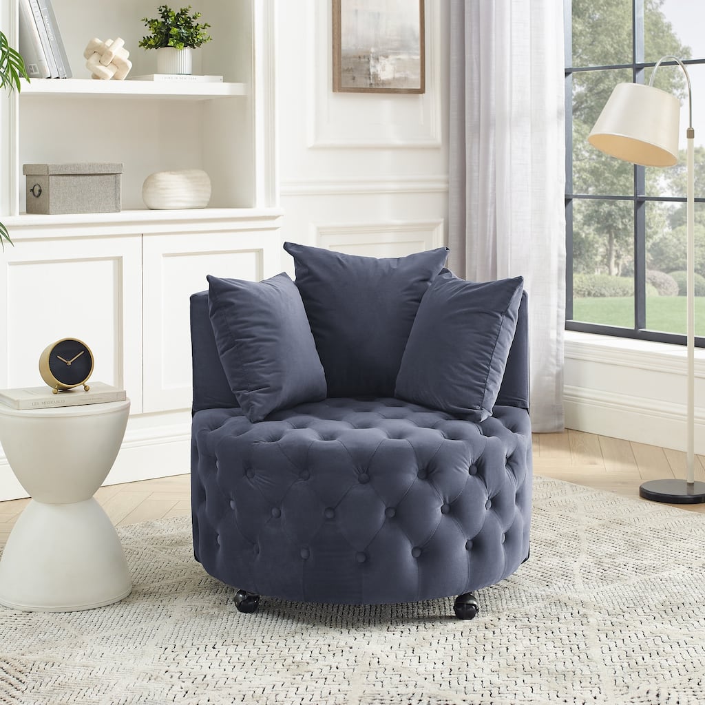 Roomfitters Velvet Swivel Chair with Tufted Button Design, Round Accent Chair with 3 Pillows and Wheels, Lounge Seating