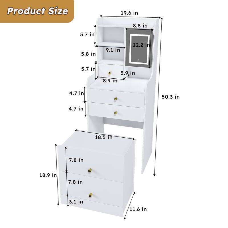 Roomfitters 3 in 1 Vanity Desk with LED Mirror, Storage Cabinet, Hidden Stool, Drawers & Bookshelf, White
