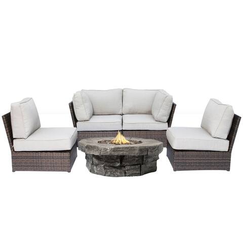 5 Piece Patio Set with Fire Pit Table in Grey and Brown