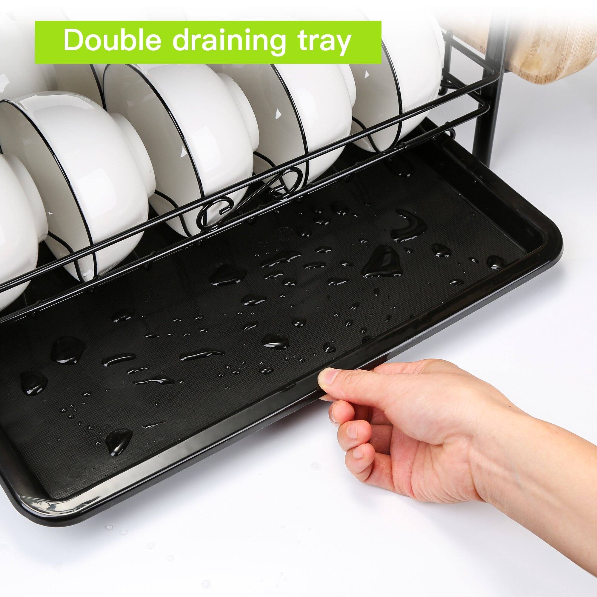Extendable Dish Rack with Tray and Drainboard, Cup Utensil Holder Bed