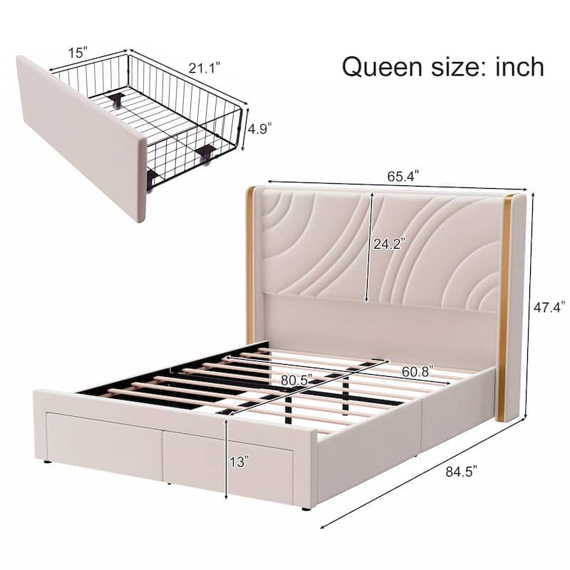 Queen Upholstered LED Storage Bed - Velvet - Beige