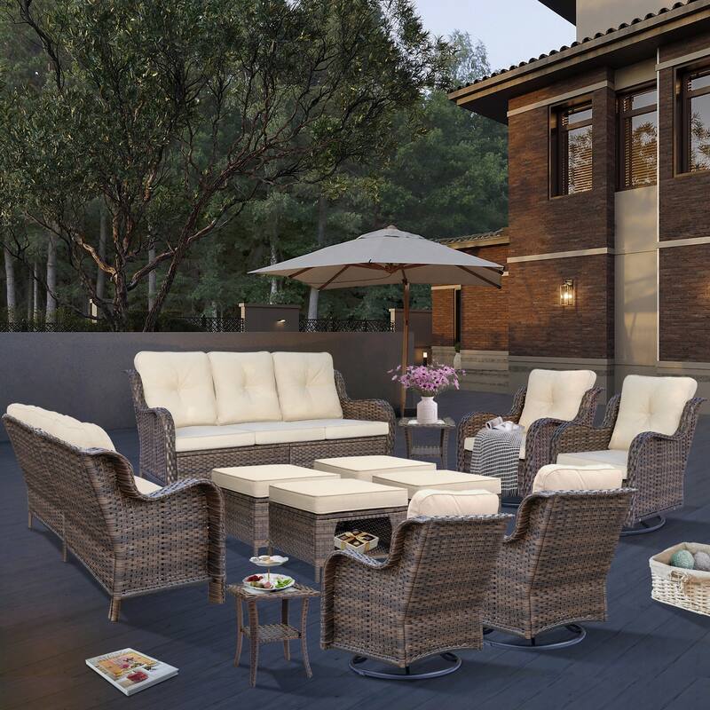 12 Piece Outdoor Wicker Patio Furniture Seating Set with Swivel Chairs - Beige Cushion/Brown Wicker