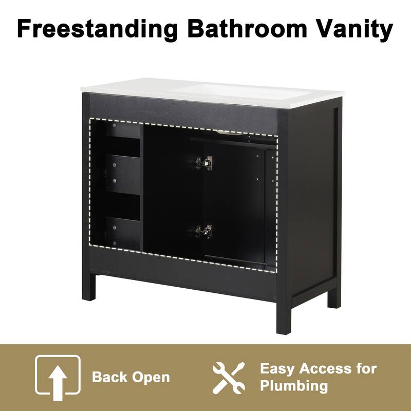 Roomfitters 36" Bathroom Vanity with Sink, Left-Side Basin, Solid Wood Frame, 2 Doors & 3 Drawers