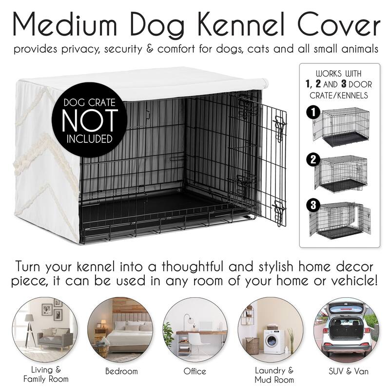 Sweet Jojo Designs Ivory Bohemian Boho Chic Dog Crate Kennel Cover 36in. Solid Off White Farmhouse Tufted Trim Fringe Cotton