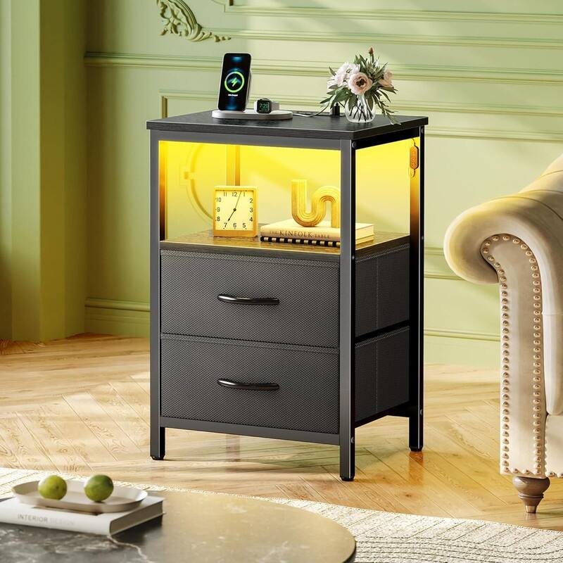 2 Drawer Night stand with Charger Station and LED Lights