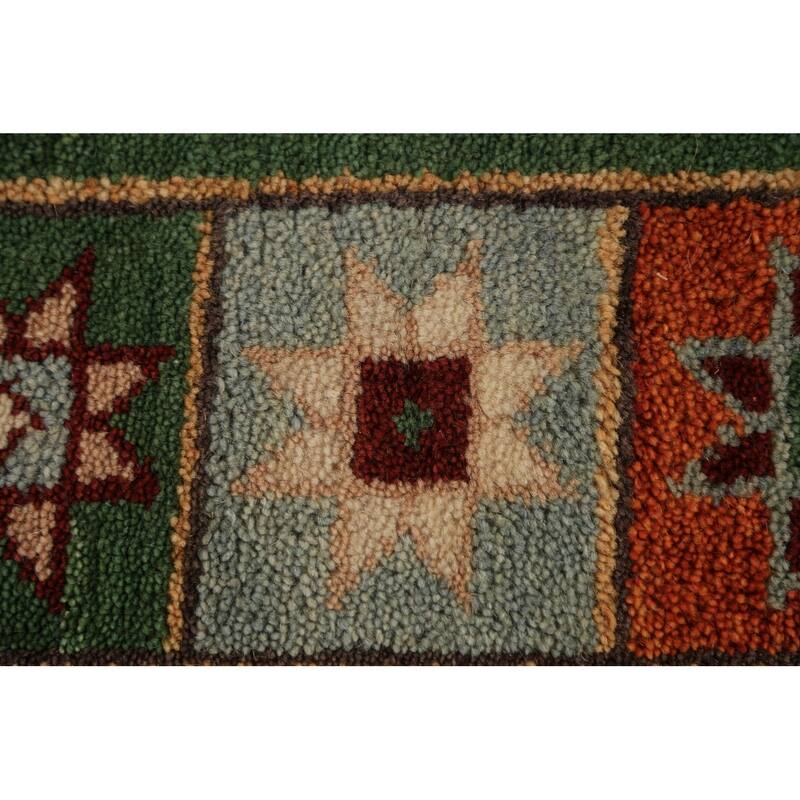 Tribal Green Kazak Indian Runner Rug Hand-Knotted Wool Carpet - 3'11"x 9'10"