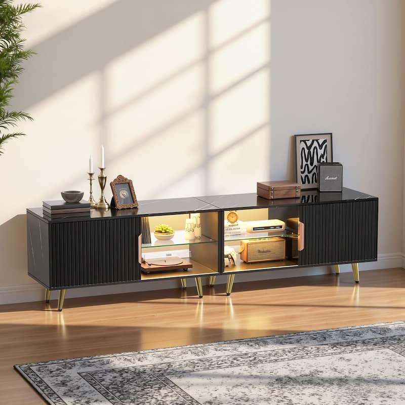 Meyreso 2-Piece Modular TV Stand and Coffee Table Set with Wave Pattern Doors & Adjustable Glass Shelf - 78 inches