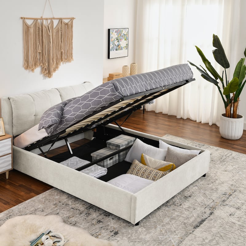Chenille Storage Bed Frame, Hydraulic Lift Platform Bed with Under Bed Storage and Integrated Headboard, No Box Spring Needed