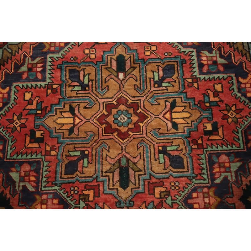 Hand Knotted Oriental 100% Wool Carpet Traditional Geometric Oranges & Rust Heriz Runner Rug - 12' 4'' X 3' 1''