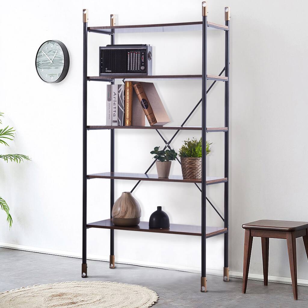 Clihome 64 in.Brown Wood 5-Shelf Bookcase with Open Back and Slat Metal Frame