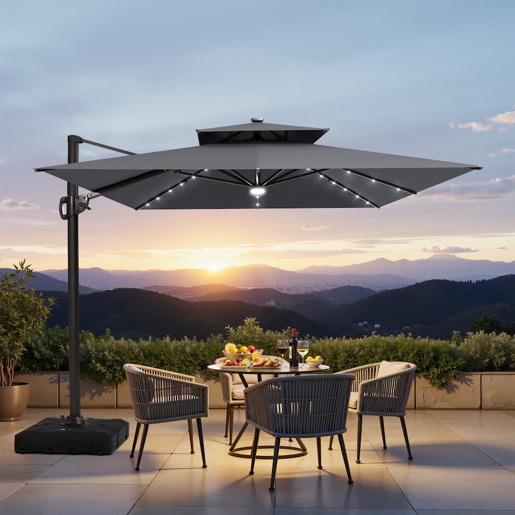 9 x 11 FT Outdoor LED Lighted Double Top Patio Cantilever Umbrella with Base