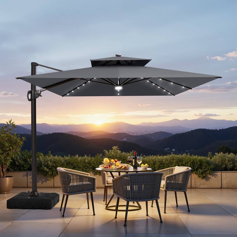 9 x11 FT LED Lighted Cantilever Patio Umbrella Double Top Rectangle with Base - Dark Grey